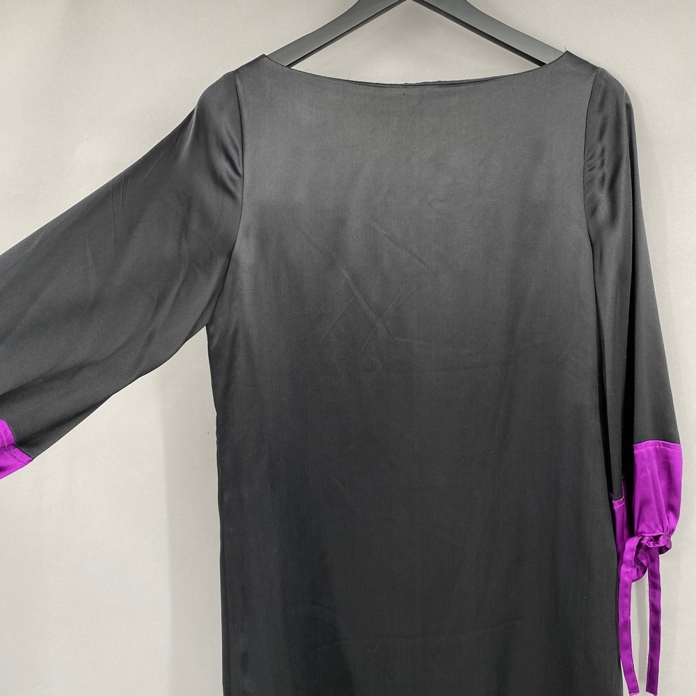 Kathryn Conover Satin Puff Sleeve Shift Dress Womens Size 8 Black Purple Mini - Picture 11 of 16